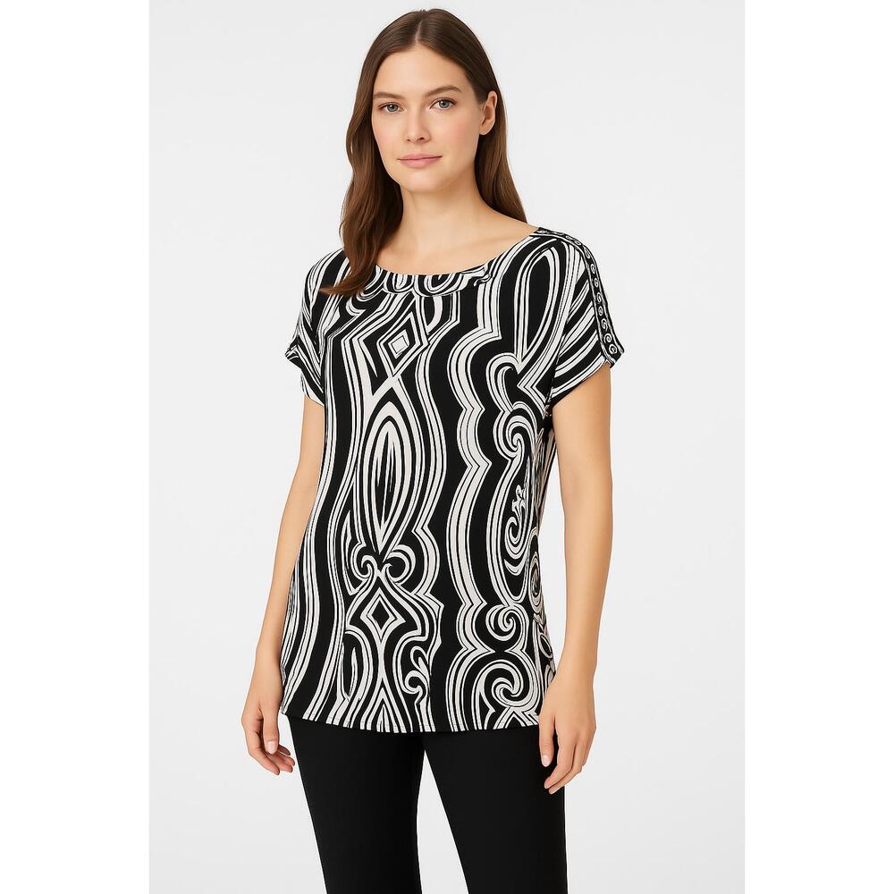 White House Black Market Black White Geometric Short Sleeve Loose Tunic Blouse M